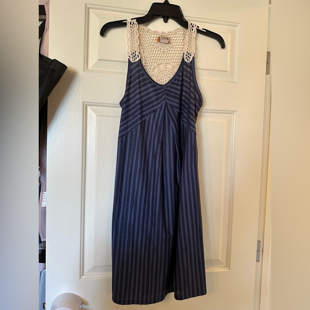 Navy Striped Sleeveless Dress with Crochet Detail